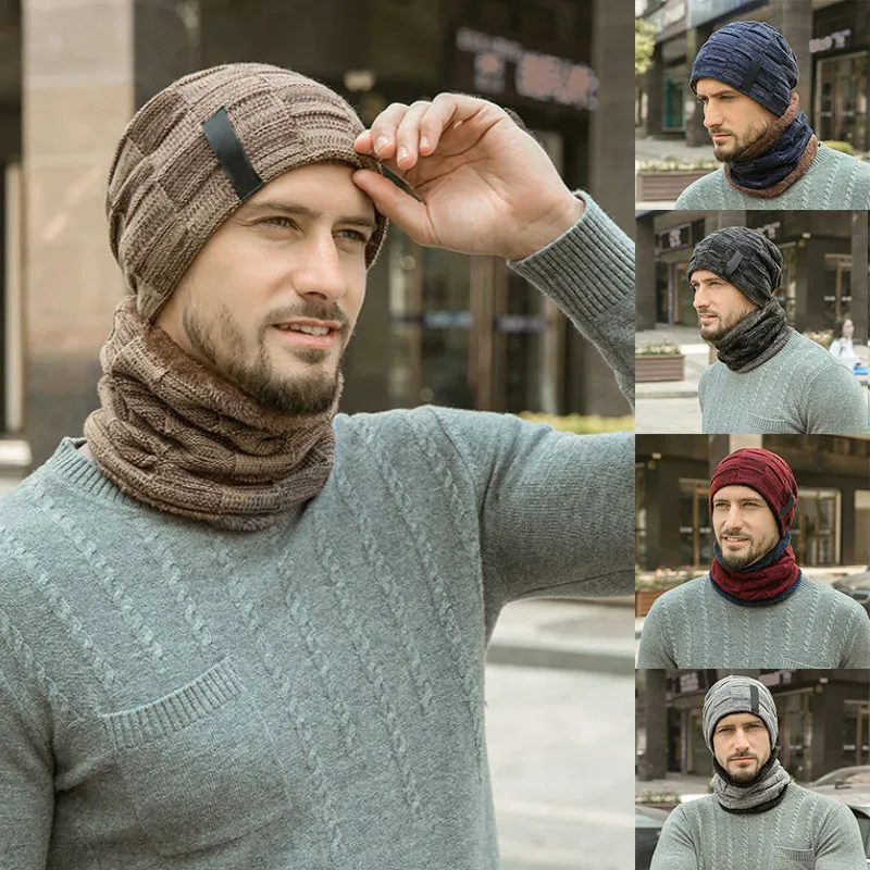 Горячая Skullies Beanies кольцо для Шляпы шарф из двух частей теплая зимняя шапка плюс бархатная Толстая шерстяная шапка для мужчин мягкая эластичная шапка мужские головные уборы