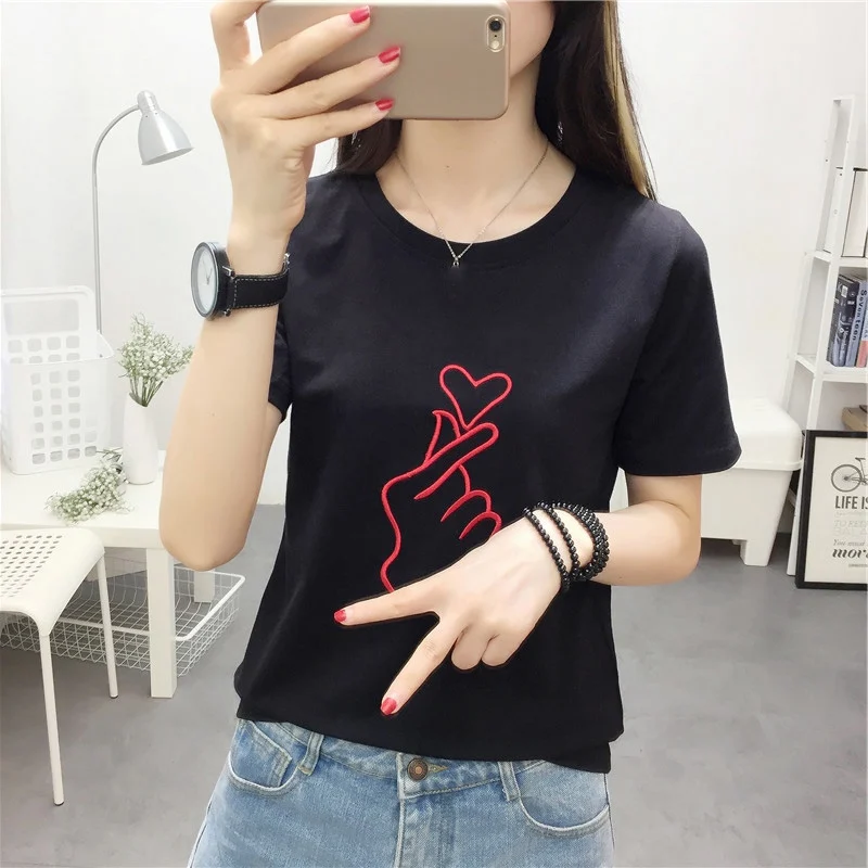 Женская футболка с вышивкой белая Повседневная принтом в виде сердца лето 2020 |