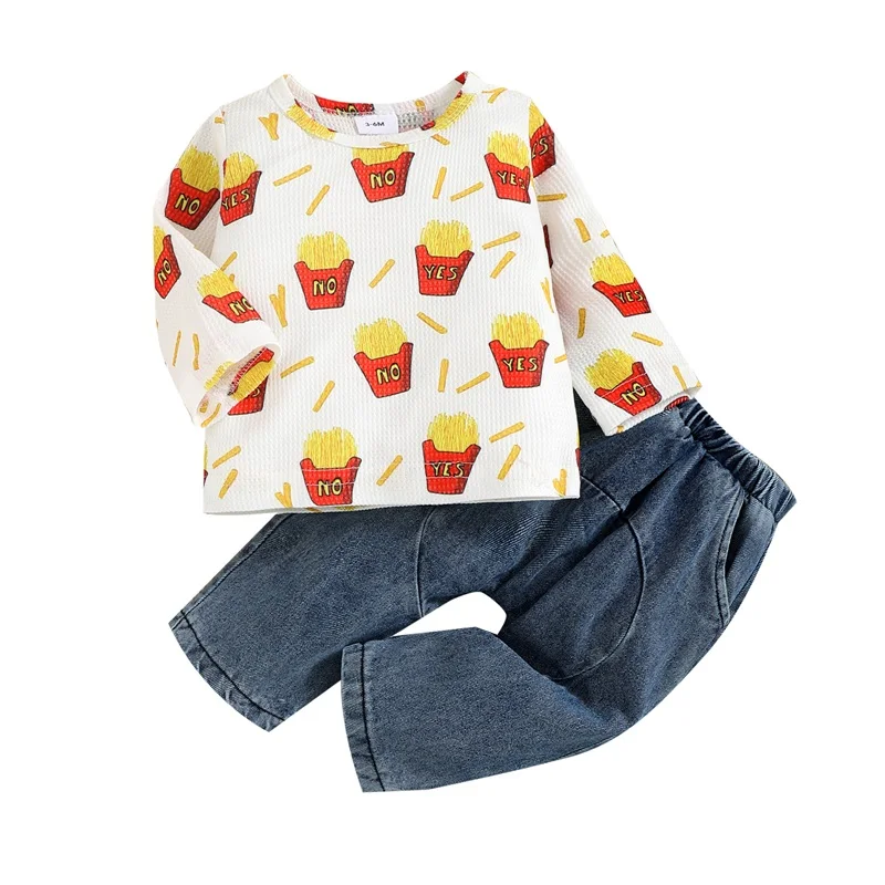 

Baby Casual T-shirt and Trousers Suit Cartoon French Fries Top Jeans Suit Fries Print Long Sleeve Tops and Solid Color Jeans