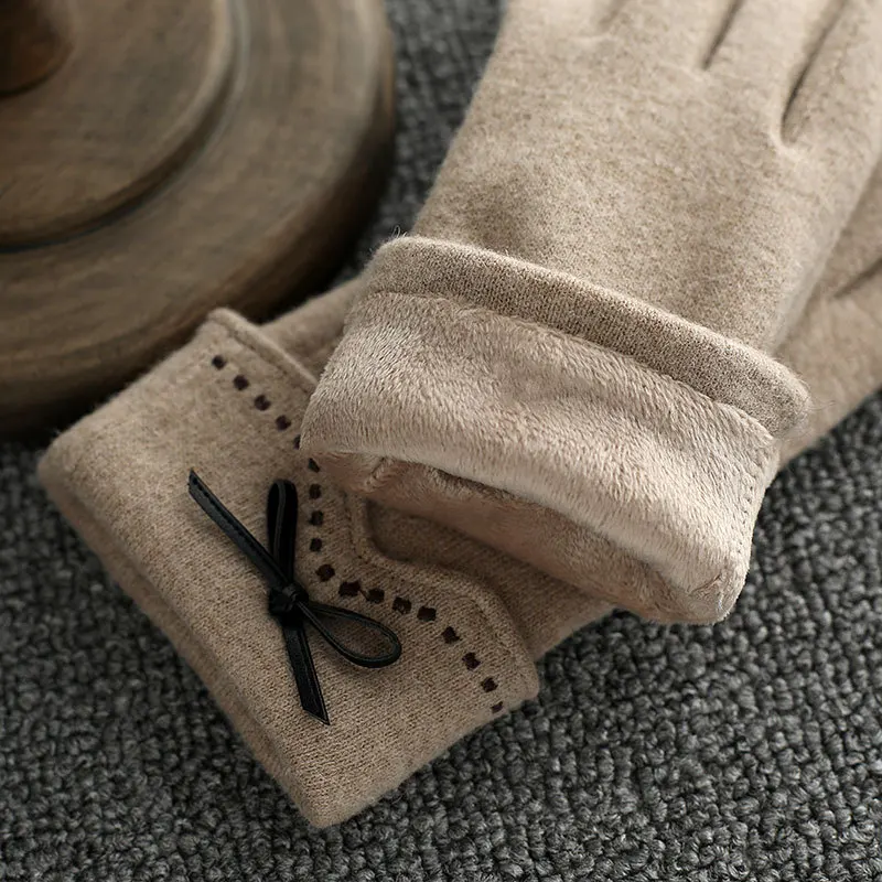 

Women Keep Warm Touch Screen Glove Thin Add Cashmere Cycling Elegant Female Bow-knot Elasticity Soft Embroidery Mittens