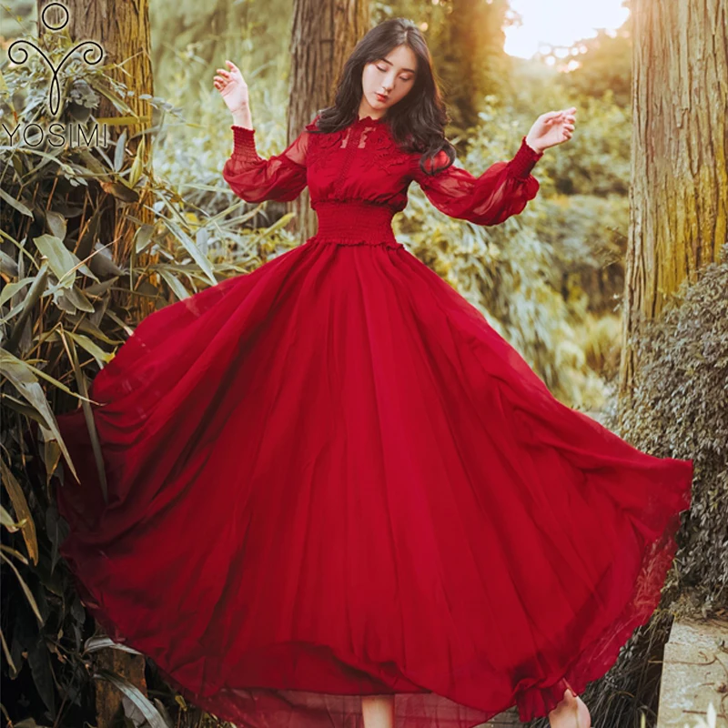 Женское длинное шифоновое платье YOSIMI красное винтажное вечервечерние Макси до