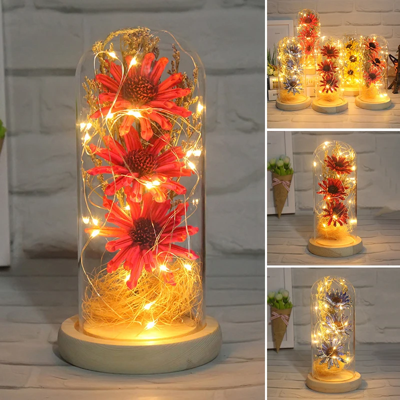 

Сушеный цветок в стеклянном куполе со светодиодной лентой, декоративный искусственный цветок с дисплеем, светильник польное украшение, под...