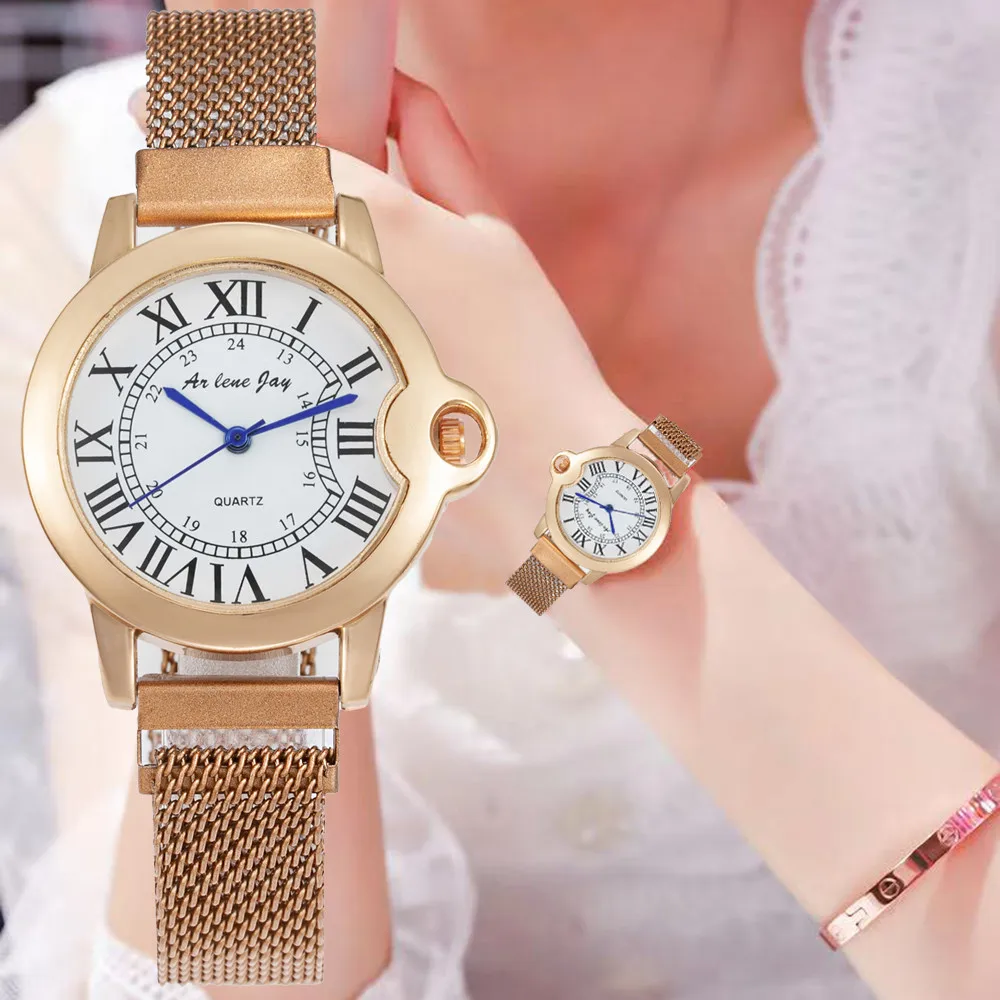 

Часы наручные женские кварцевые из нержавеющей стали, модные брендовые простые, с римским циферблатом, с магнитом, розовое золото