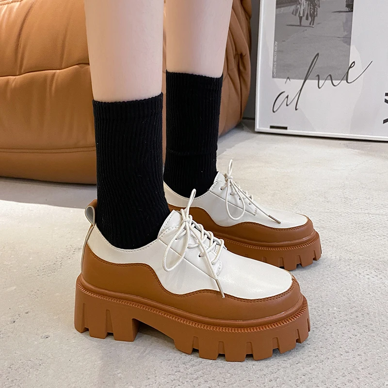 

Fashion Designer Brown Oxford Shoes Women Loafers Spring Autumn Black Pu Leather Chunky Platform Women casual Shoes 2021