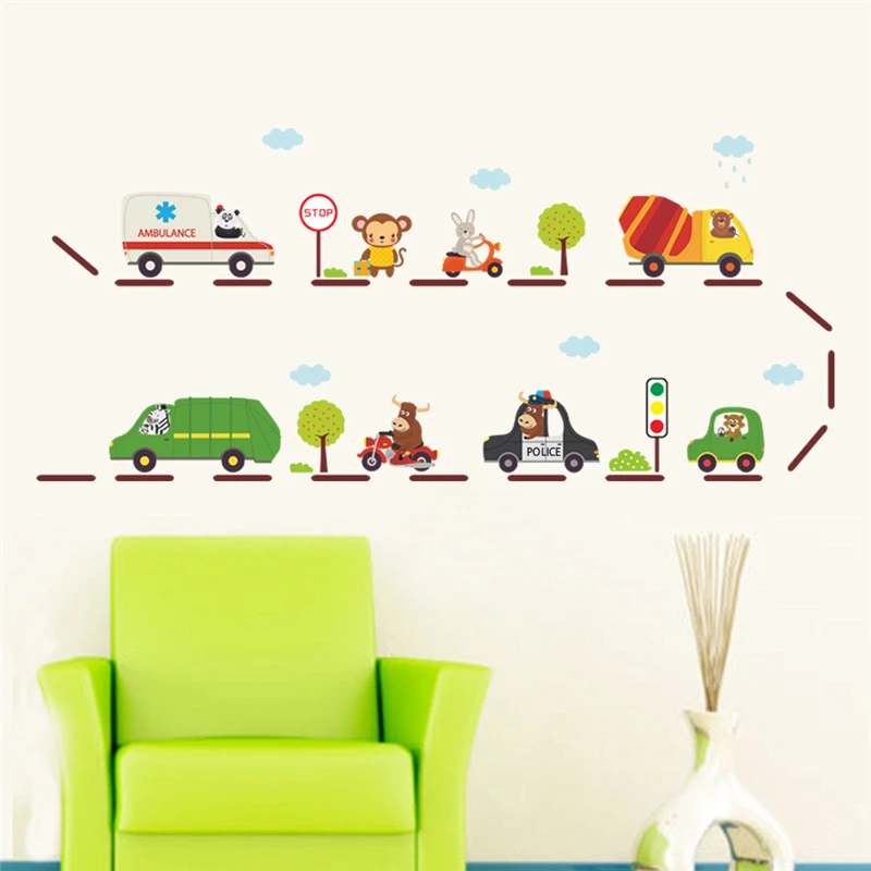 

Cartoon Animal City Transportation Cars Wall Stickers For Kids Room Decoration Nursery Safari Wall Mural Art Diy Home Decals