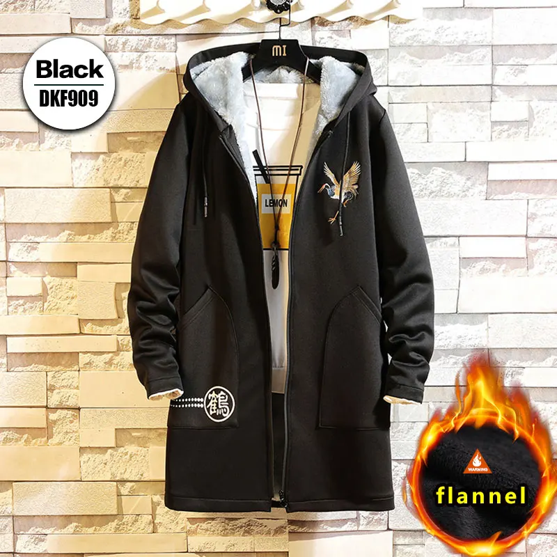 Флисовая Куртка, зимние мужские парки, 5XL, с принтом, военный, японский, с капюшоном, длинный плащ, черный, в стиле хип-хоп, уличная одежда, Толстые мужские куртки - Цвет: DKF909Black