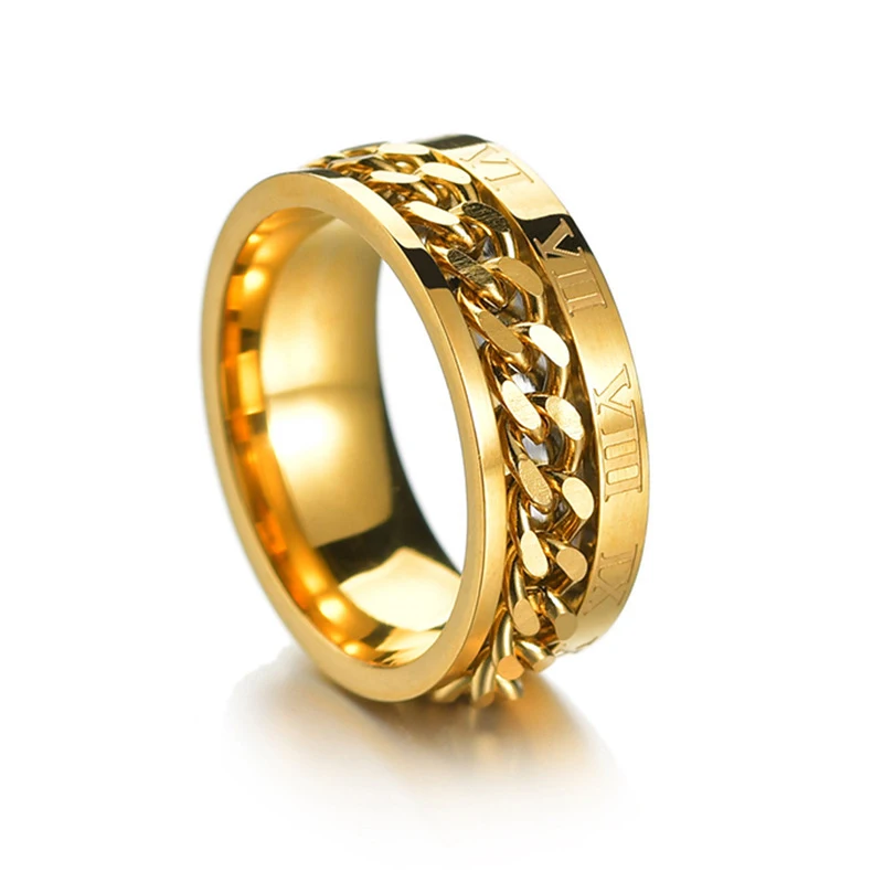 gold Atoztide, 8 мм, панк, титановая сталь, римская цифра, крученая цепочка, кольца для мужчин, полированный черный рок, байкерское кольцо, Круглый, обручальное, вечерние - Цвет основного камня: gold