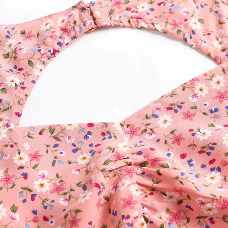 

2021 New Backless Cutout Pink Summer Dress Women Floral Print Slit Boho Long Dress Women Puff Sleeve Ruffle Sundress