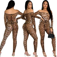 sexy leopard print jumpsuits long sleeve off shoulder skinny slimming jumpsuits high waist bodycom fashion casual female outfits
