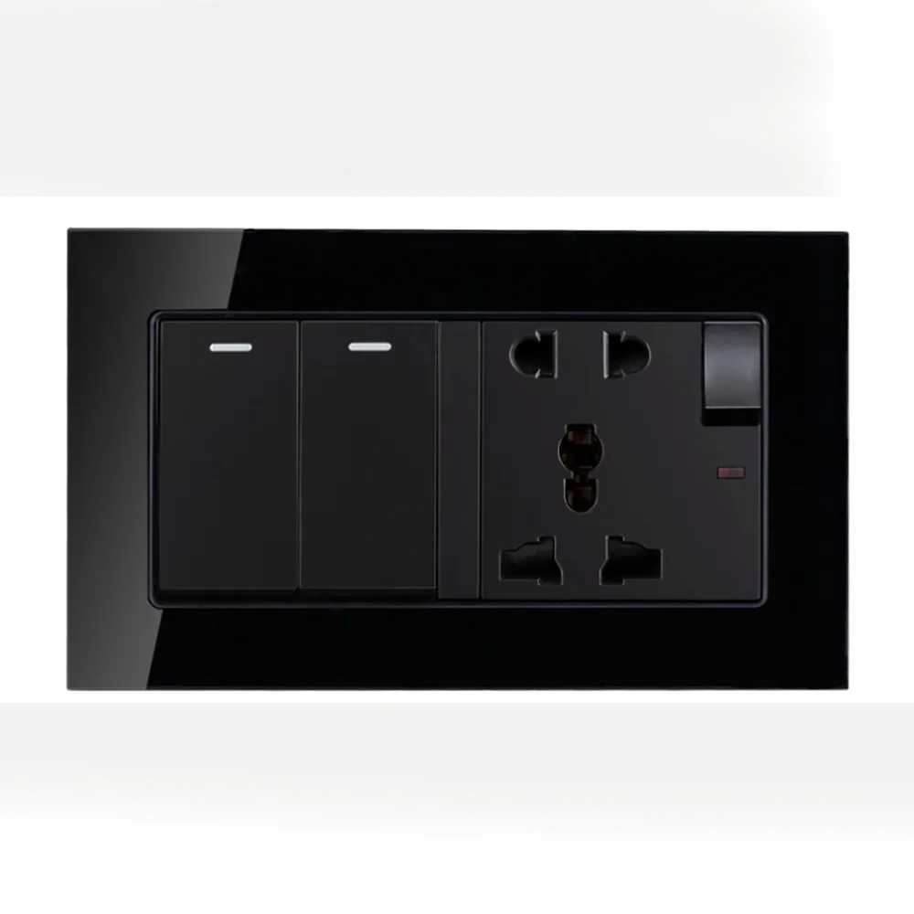 

EU Standard Wall Power Socket + 2 Gang 1 Way On / Off Light Switch With LED Indicator Toughened glass panel 146mm*86mm