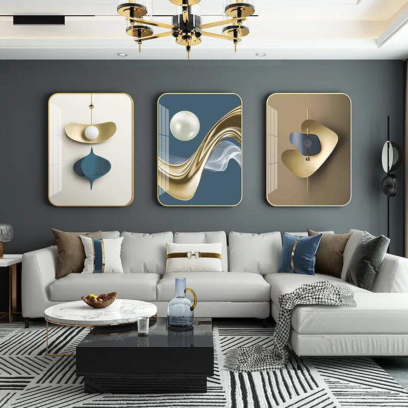 

Crystal Porcelain Painting Wall Decoration Living Room Modern Art Sofa Background Triptych Luxury Metal Painting Frame Set Mural