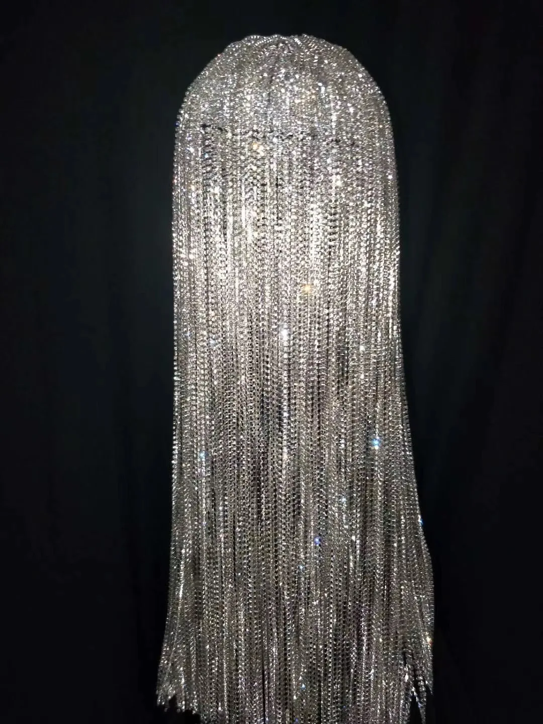 Günstig Glas Diamant Kette Headwear Handgemachte Perücke Lange Haar Party Zeigen Club Pole Dancer Singer Leistung Bohrer Dance Zubehör