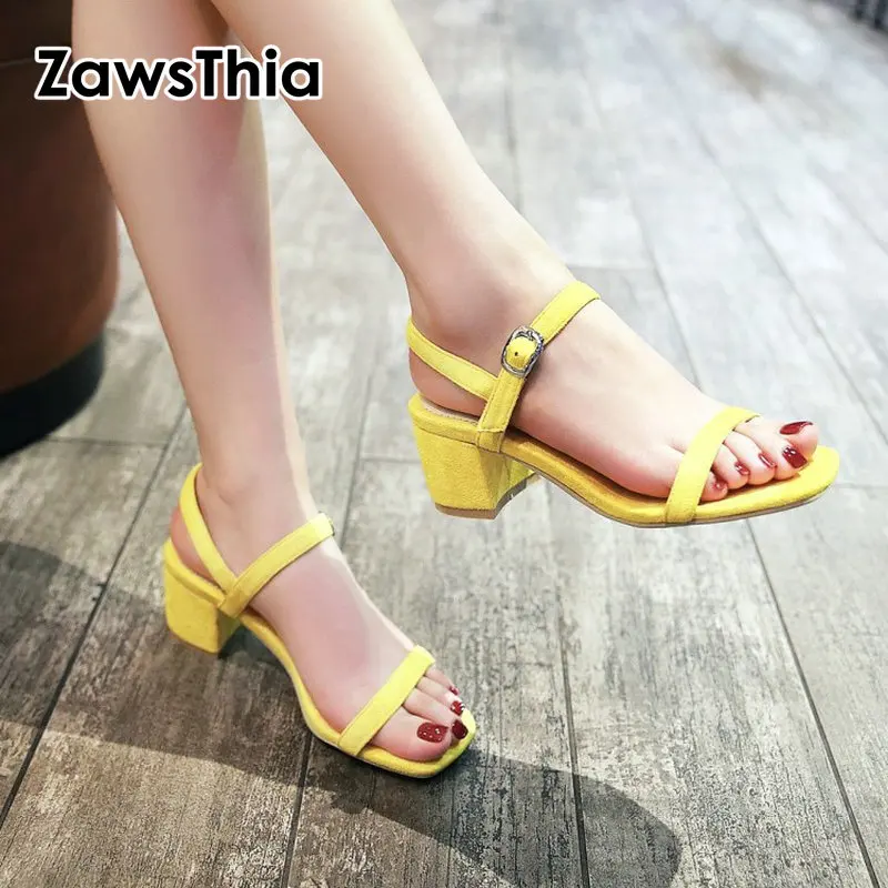 Женские сандалии ZawsThia желтые Босоножки с открытым носком на квадратном каблуке