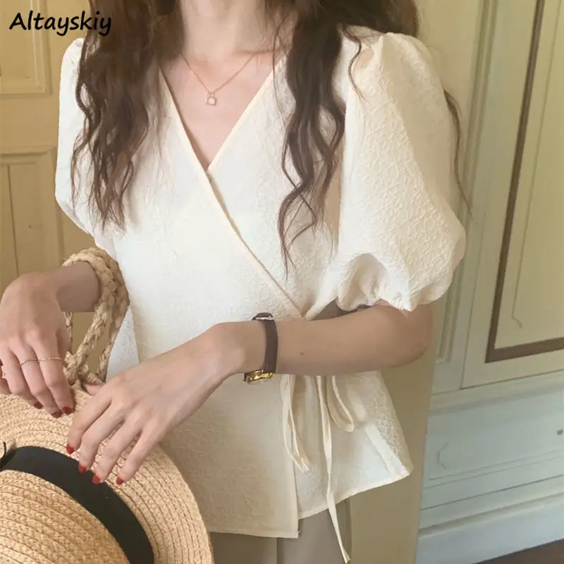 

Shirts Women Tops V-Neck Casual Ulzzang Solid Fashion Puff Sleeve All-match Lace-up Summer Slim Simple Temperament Soft New Ins