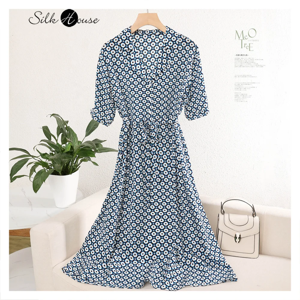 

New Literature and Art Fangrid Blue Silk French V-neck Lengthened Dress Mulberry Silk Waist Closing Medium Dress