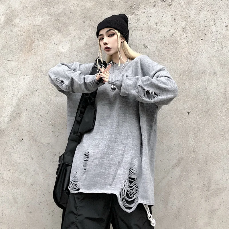 Мужской и Женский рваный свитер с длинным рукавом Свободный пуловер в стиле