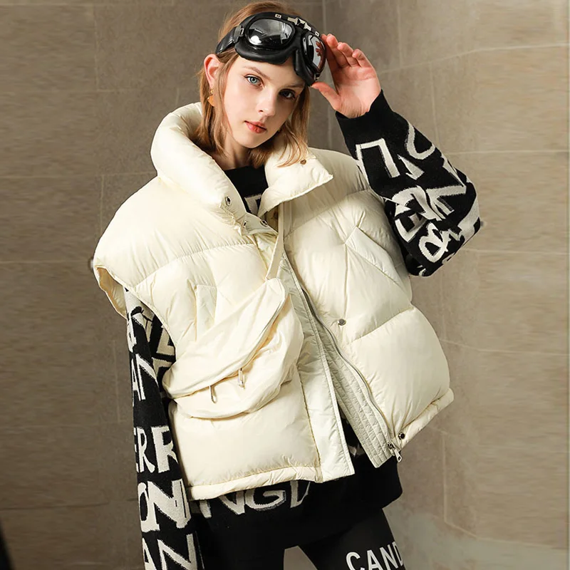 

Down Vest Women Short Windproof Thick Warm Gilet Female Winter Autumn Duck Down Coat Sleeveless Glossy Shiny Jacket