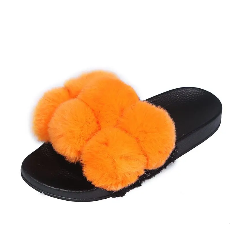 

Winter Women Faux Fur Ball Slipper Platform Thick Flat Heel Open Toe Indoor Slides Multi Non Slip Design Shoes Ladies Female