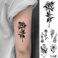 rose temporary tattoo sticker small leaves briar bouquet peony rose black tatoo shoulder arm hand men women glitter tattoos kids