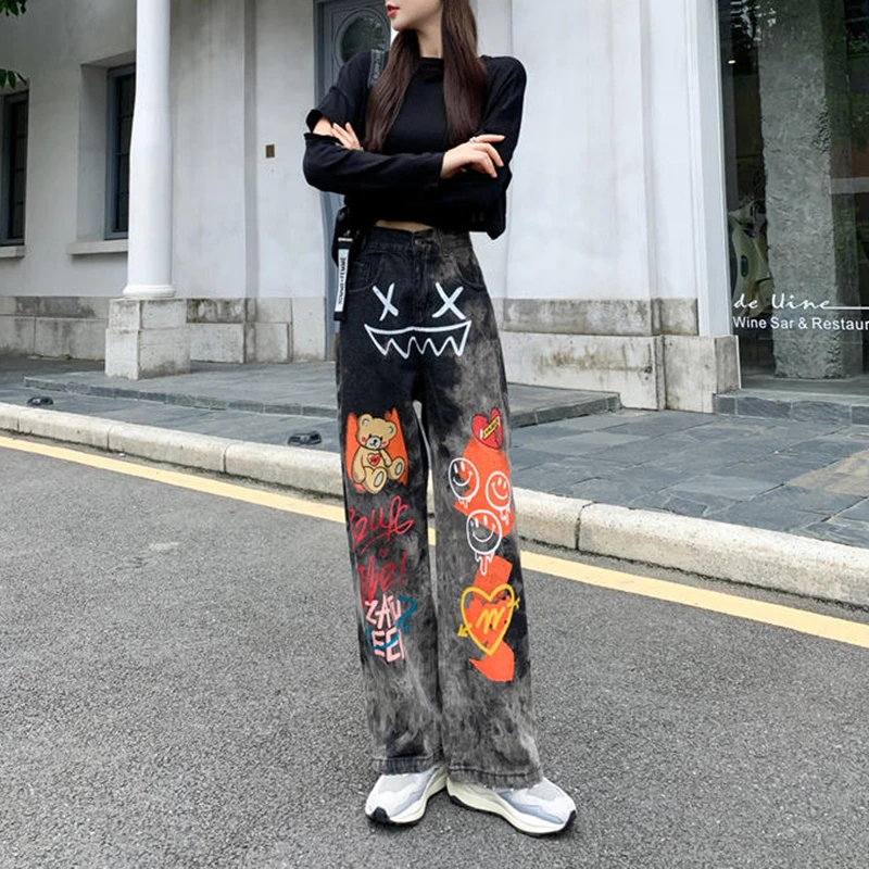 

Женские джинсы в стиле High Street, широкие прямые свободные брюки-бойфренды, повседневные классические брюки, осенние модные брюки с граффити