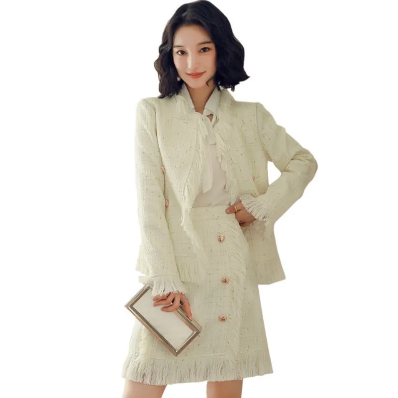 

Women Skirt Suits Long Tassel Round Collar Button Decoration Office Lady White Two Piece Sets Female Autumn Winter Fashion New