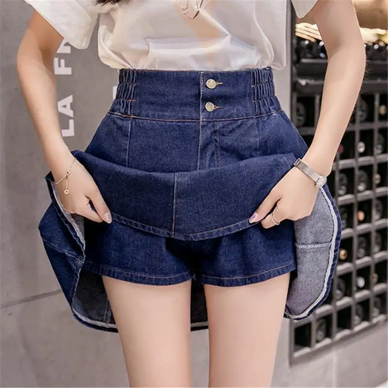 

Zoki Summer Women Denim Skirt Fashion Elastic High Waist A-line Korean Jeans Causal Button Kawaii Preppy Girl Blue Skirt 2020