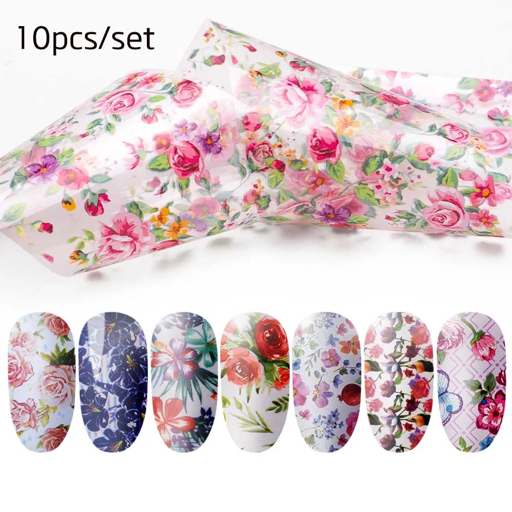 10pcs 16 шт. наклейки из фольги для ногтей смешанные цветы розы Дизайн ногтей водная переводная Наклейка Фольга стикер s ногтей DIY наклейки для маникюра - Цвет: 10pcs