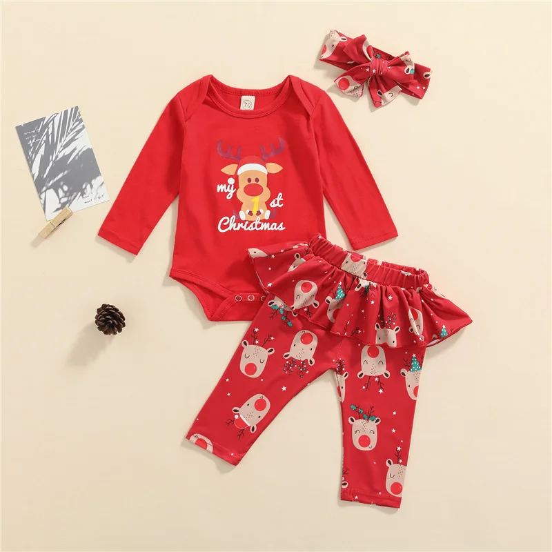 

3 шт., Осенний Рождественский костюм для девочек, комбинезон с длинным рукавом, круглым вырезом и мультяшным принтом лося, брюки и повязка на ...