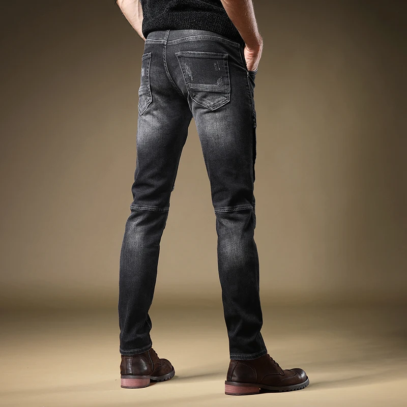 Autumn Men Black Biker Jeans Fashion Patchwork Straight Slim Fit Denim Trousers Casual Motorcycle Stretch Pants Jean