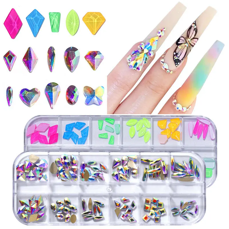 

New Mix Fluorescence Nail Art Rhinestone Shape style Glass Stones for 3D Crystal Nail DIY Decorations Tool