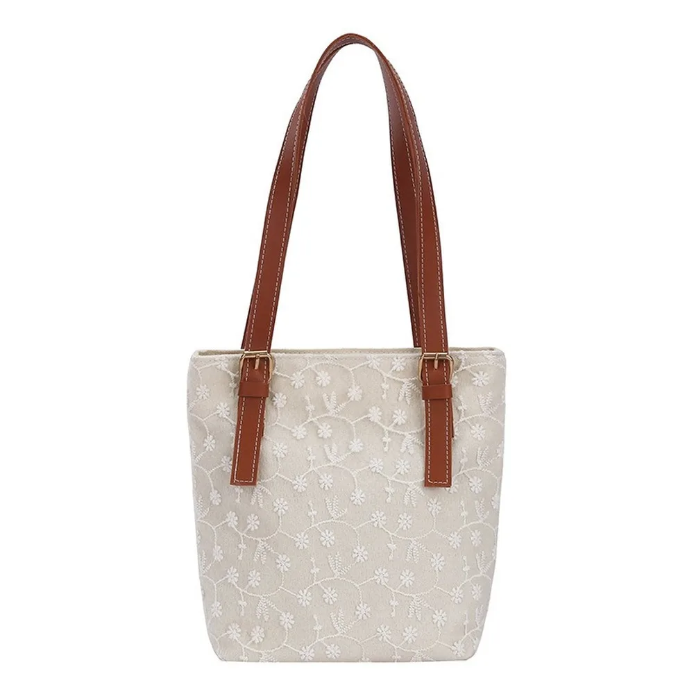

Women's Fashion Canvas Large-capacity Shoulder Bag Flower Embroidery Handbag Sweet Lady Shopping Tote Bag