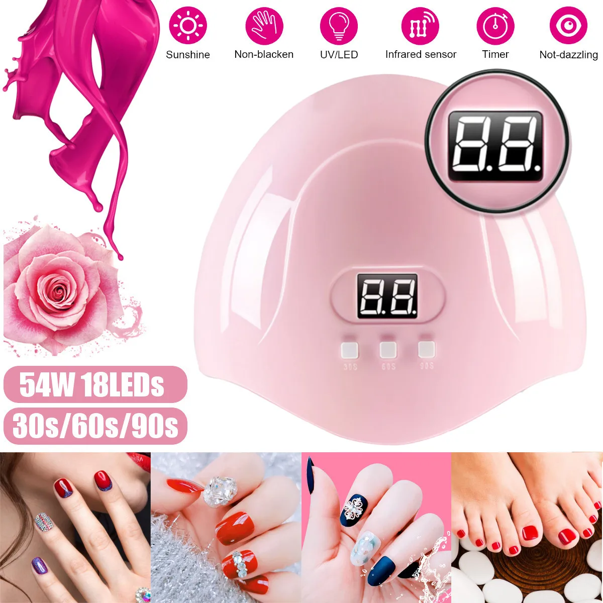 

54W Nail Dryer 18 LED Nail Lamp UV Lamp for Curing All Gel Nail Polish Manicure Pedicure Salon Tool LCD Display USB Cable Home