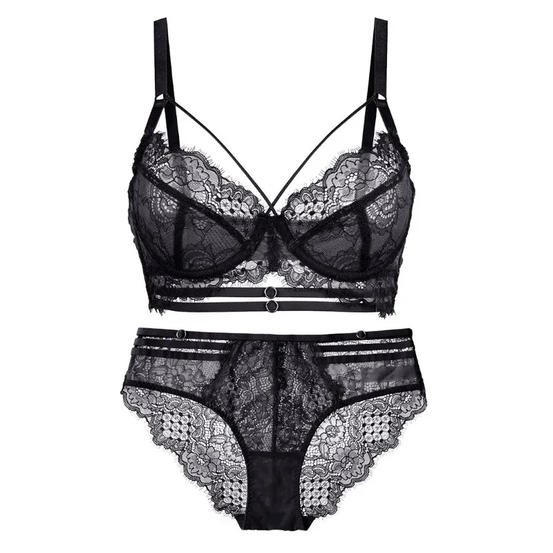 

Women's Sexy Plus Size Floral Lace Unlined Underwear Deep V Hollow 3/4 Cup Underwire ABCD Cup Bra Set