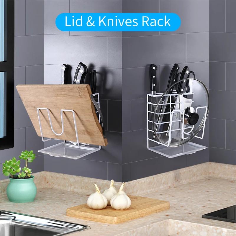 

Lid Knife Holder Rack Wall Mounted Knife 3 in 1 Block shelf Hollow Drain Knife Stand Cutlery Storage Kitchen Organizer Utensils