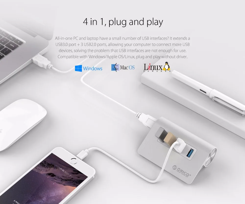 ORICO Alumunium мульти 4 порта USB 3,0 2,0 концентратор Портативный высокоскоростной USB разветвитель мини OTG USB адаптер с 100 см для Mac OS PC