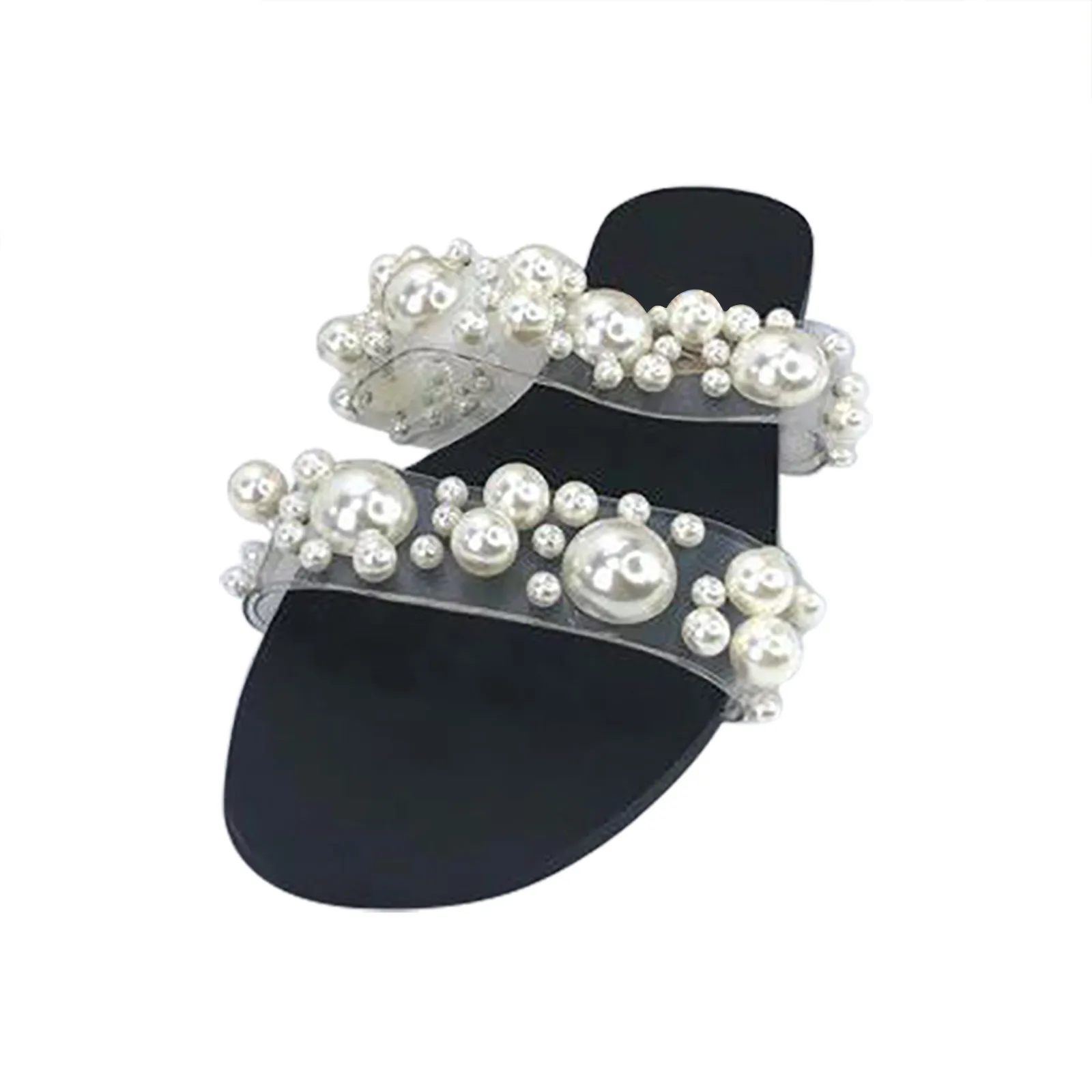 

2021 Women Bohemian Pearl Slippers Flat Bottom Sandals Summer Open Toe Ladies Shoes Crystal Flip Flops Shoes Chaussure Femme