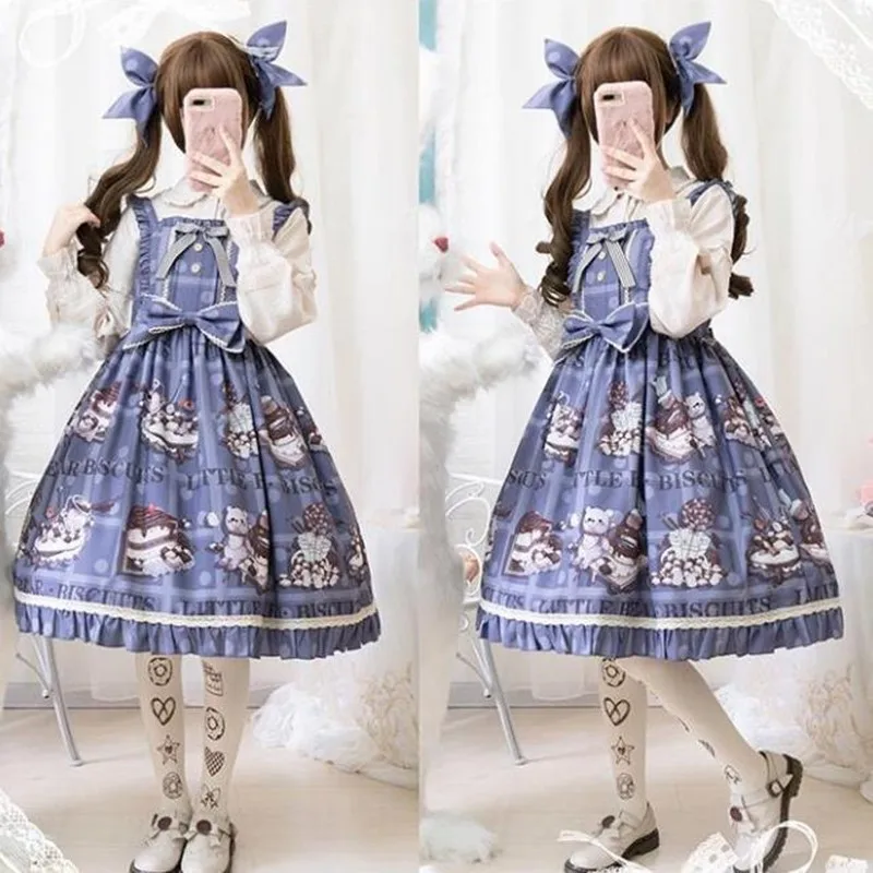 

Japanese sweet lolita dress vintage falbala bowknot high waist cute prinitng victorian dress kawaii girl gothic lolita jsk cos
