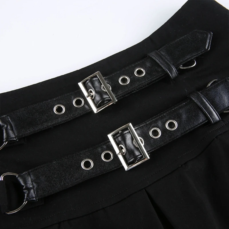 

Women Gothic High Waist Black Mini Pleated Skater Skirt with Double Buckle Belt D08E