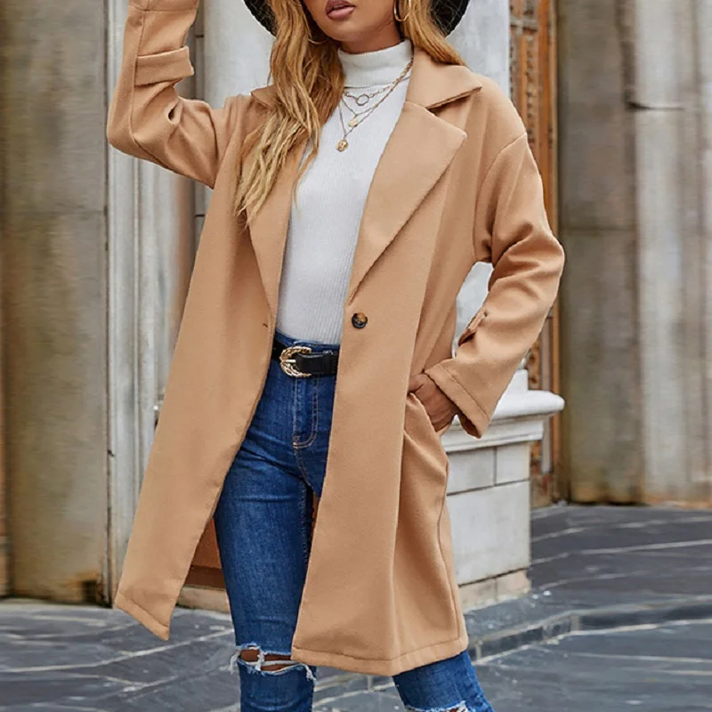 

Fashion Long Trench Women's Jacket 2021 Fall New Suit Collar Solid Color One Button Long Sleeve Windbreaker Casual Ladies Jacket