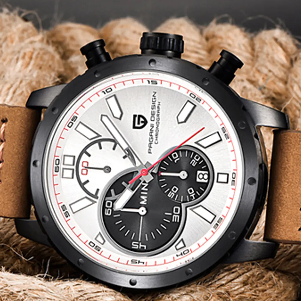 Часы Pagani design Мужские с хронографом Кварцевые спортивные белым циферблатом и