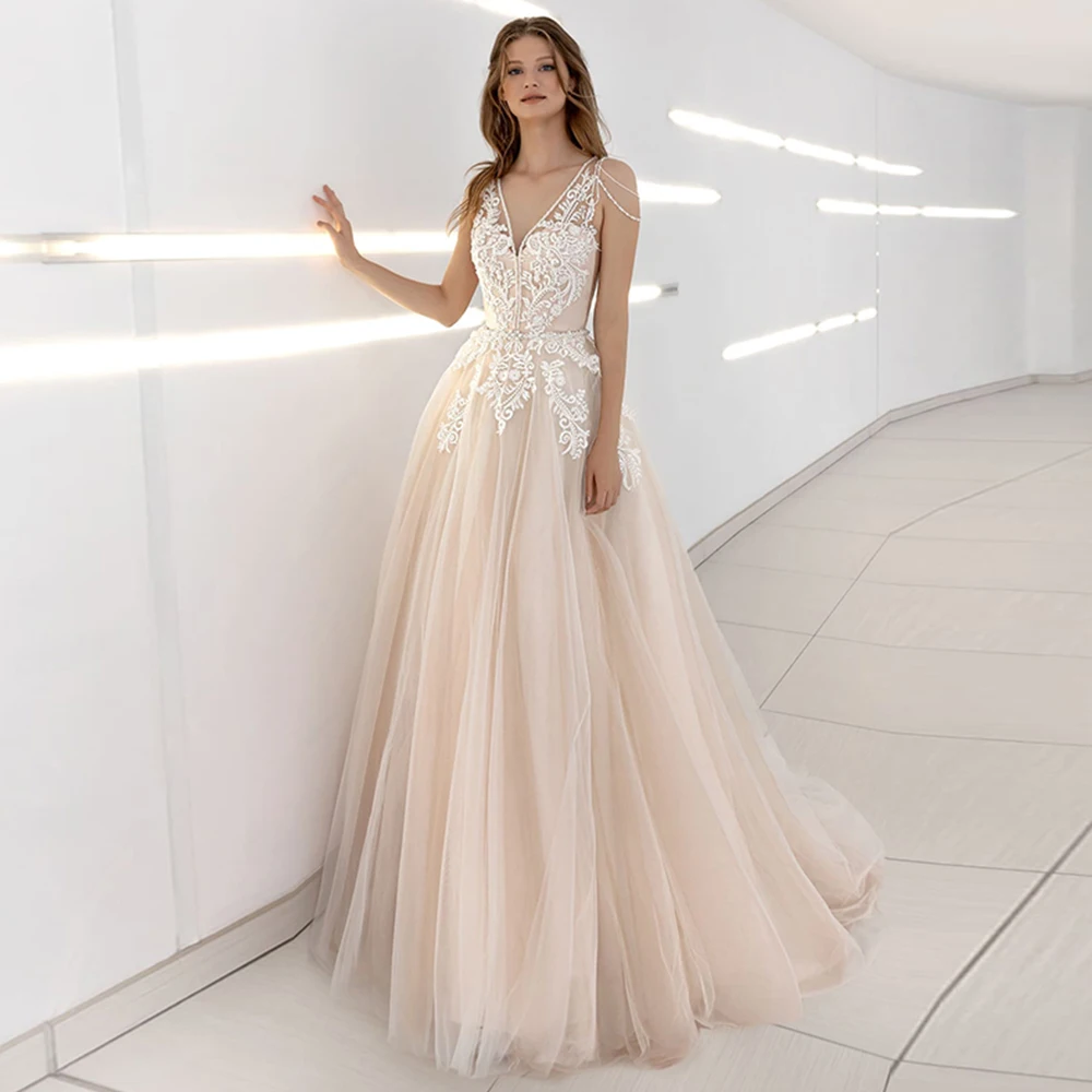

Charming Sleeveless Wedding Dress Champagne Tulle A-Line V-Neck Appliques Pearls Sweep Train Bridal Gowns 2021 Vestido De Noiva