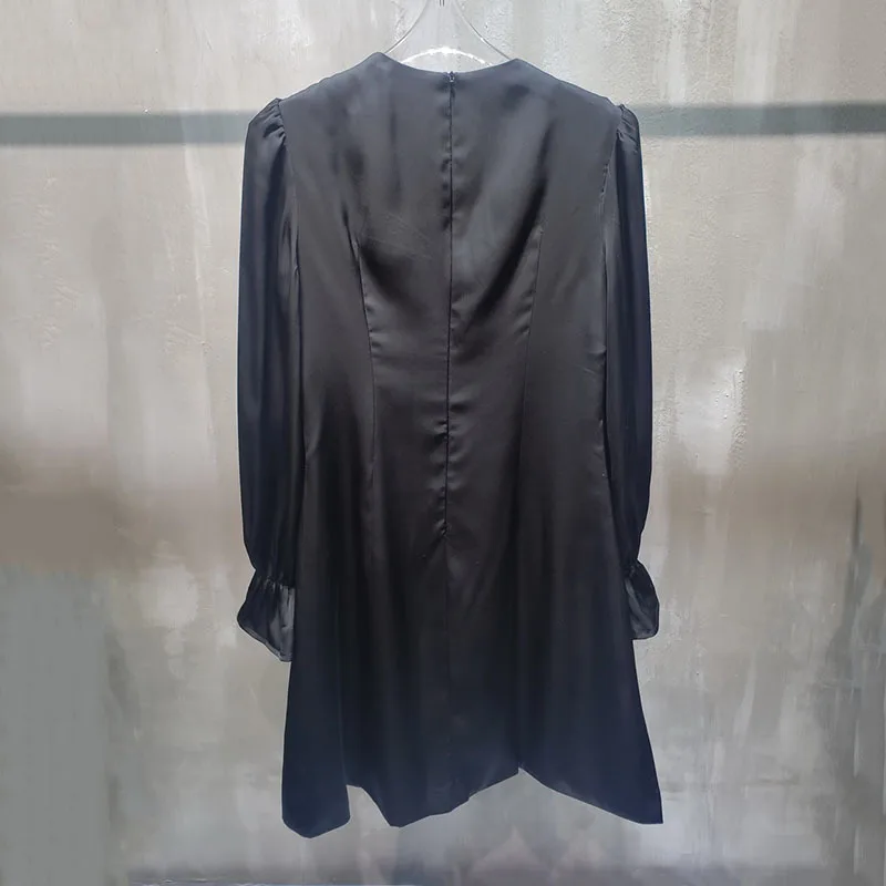 

SeeBeautiful Sexy Hollow Stitching Dress Square Collar Puff Sleeve Single Breasted Pockets New Fashion 2021 Spring Women E105