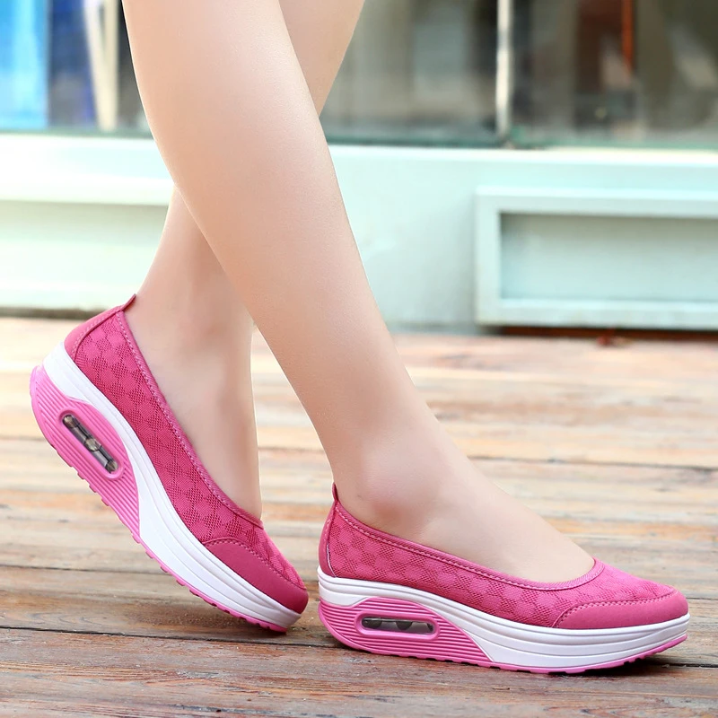 Women Lace Hollow Slip On Flat Shoes Air Cushion Platform Sneakers Female Shallow High Heel Wedge Casual Flat Breathable Soft