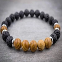 8mm volcanics wood grain stone mala bracelet bead reiki men meditation unisex tibet silver energy wrist cuff