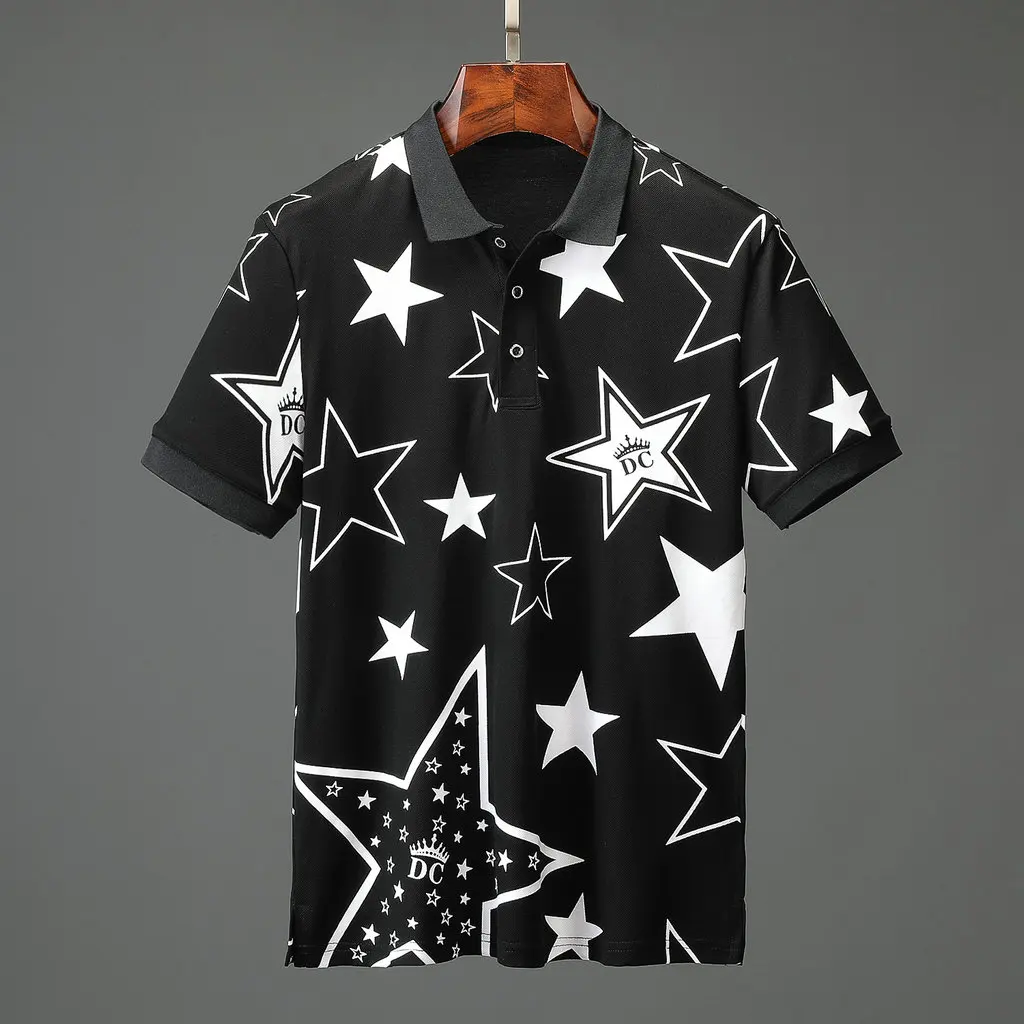 

Summer men Trend polo shirt high quality men's cotton short-sleeved Printed star lapel casual Breathable polo casual shirt