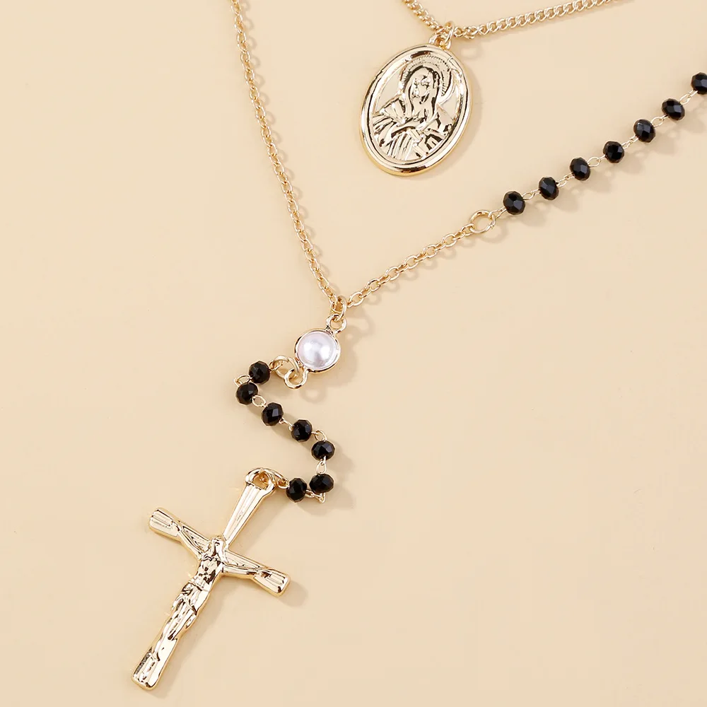 

New Simple Temperament Black Crystal Chain Y-shaped Tassel Cross Pendant Necklace Clavicle Chain Wholesale