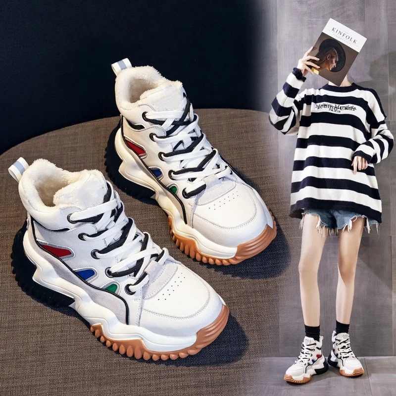 

Leather old shoes women's shoes 2021 new autumn and winter explosive sports casual shoes plus velvet high-top white shoes