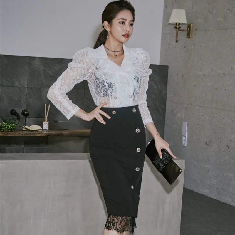 

2020 Korea Double Breasted Lace White Blouse Shirt High Waisted Bodycon Midi Black Skirt Sexy 2 Piece Office Dresses