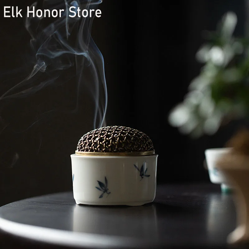Hornillo de incienso de cerámica Zen, hornillo de aromaterapia con cubierta de cobre, con diseño de orquídeas y mariposas pintadas a mano, adornos para Ceremonia de té