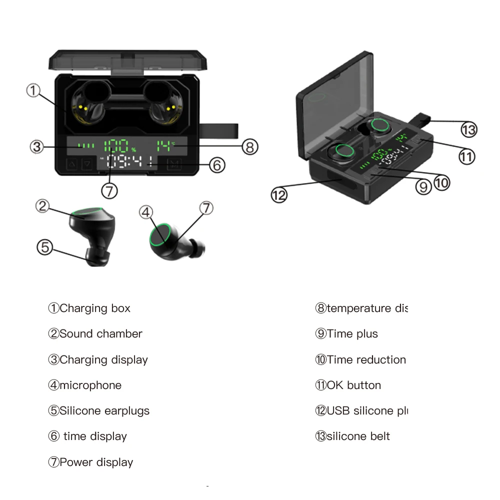 

C6 LED Bluetooth 5.0 Earphone TWS Wireless Earphones Noise Cancelling Sport Gaming Headset 6800mAh Power Bank Clock Temperature